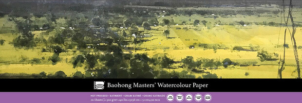 130 x 380 mm 4-zijdig verlijmd 300 grams Hot Pressed Grain Satine Glad Baohong Masters Choice Herman Pekel 100 % katoen aquarelpapier