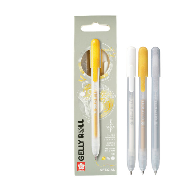 3 x Special Mix A Sakura Retractable Gelly Roll (klikpen) (Zilver-Goud-Wit) Set X3A