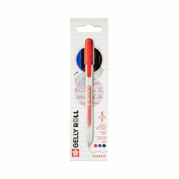 3 x Classic Mix Sakura Retractable Gelly Roll (klikpen) (Rood-Blauw-Zwart) Set L3C