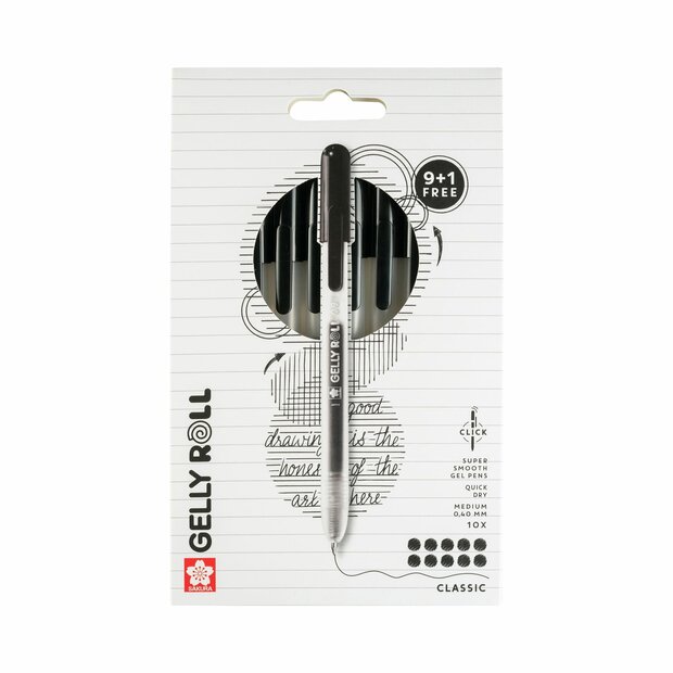 9 + 1 gratis Classic Zwarte Sakura Retractable Gelly Roll (klikpen) Set L10B