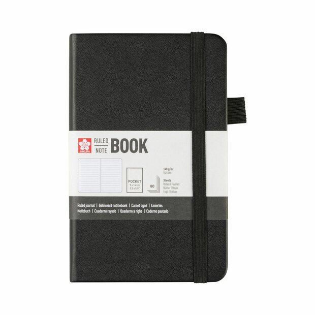 Pocket notitieboek 9 x 14 cm, 80 vellen gelijnd papier, zwarte harde kaft &ndash; Sakura
