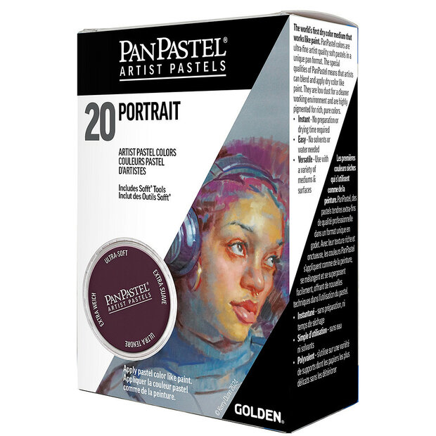 PanPastel 20 Portrait Set in originele verpakking met kleurrijke portretillustratie en zichtbare Magenta Extra Dark pastel &ndash; 