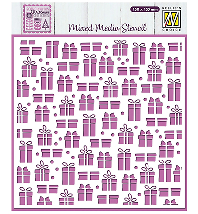 Presents stencil Nellie&rsquo;s Choice MMS4K-074 &ndash; feestelijk herbruikbaar sjabloon 150x150 mm voor kaarten en mixed media