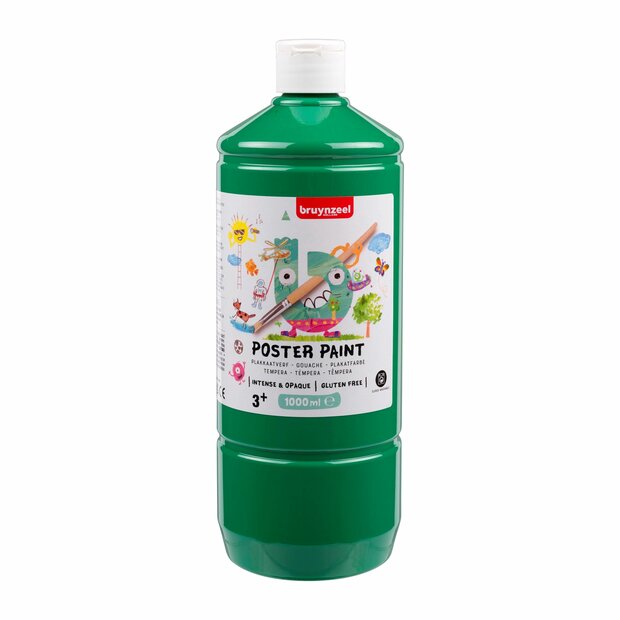 Bruynzeel Poster Paint 1L &ndash; Groen (Kleur 600), kindvriendelijke, dekkende waterverf in knijpfles. Vegan en wasbaar.