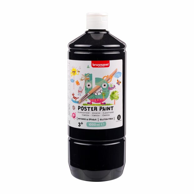 Bruynzeel Poster Paint 1L &ndash; Zwart (Kleur 700), intens dekkende kindvriendelijke waterverf in knijpfles. Vegan en wasbaar