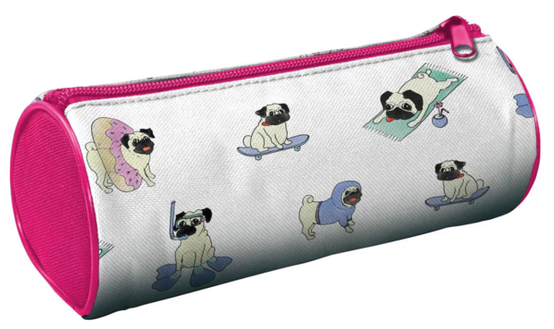Ronde etui Kangaro &ldquo;Pug Life&rdquo; &ndash; 23 cm &ndash; witte etui met vrolijke mopshondenprint en roze rits &amp;#x201