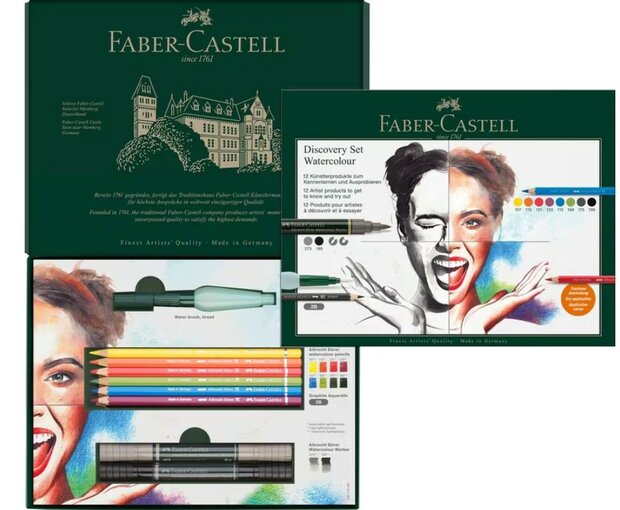 Faber-Castell Albrecht D&uuml;rer Discovery Set 12-delig met aquarelpotloden, markers, graphite aquarelpotlood en waterpenseel open