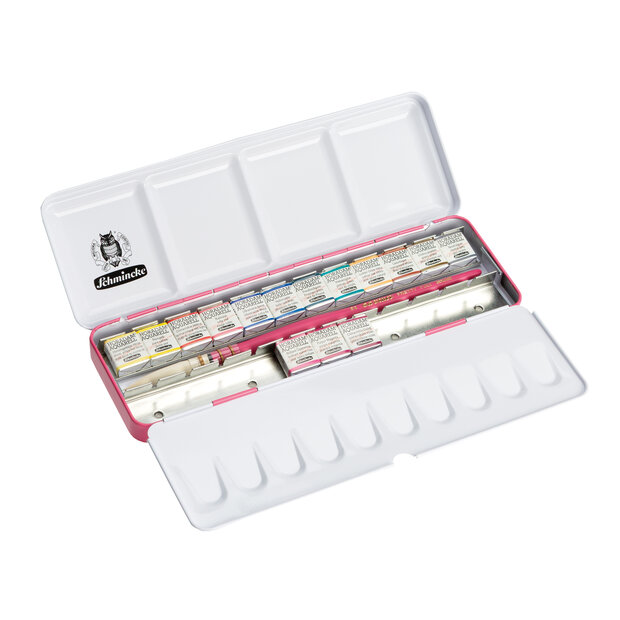 15 x 1/2 napje set Pretty Pink in metalen etui met da Vinci penseel Schmincke Horadam Aquarelverf