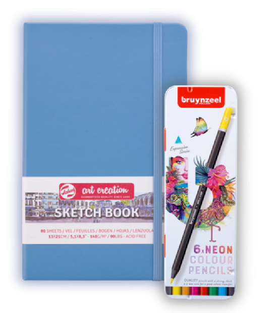 Bruynzeel cadeauset met blauw schetsboek en zes neon kleurpotloden in opvallende kleuren