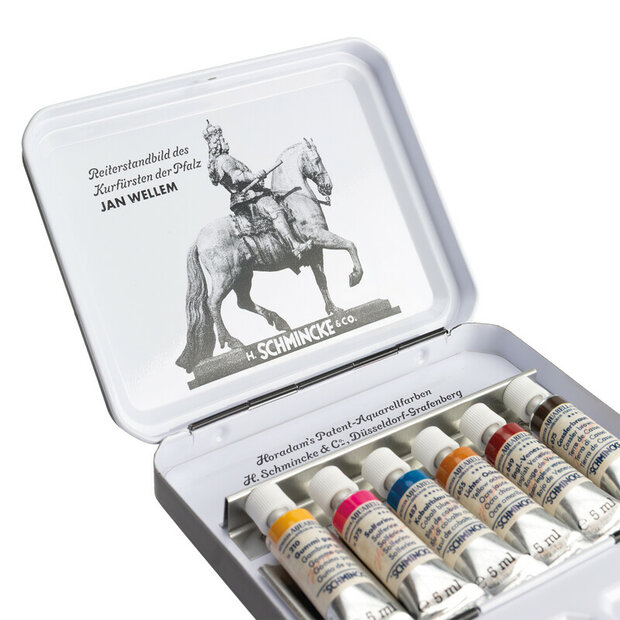 6 x 5 ml "Retro II" Jan Wellem, Dusseldorf set in metalen etui Schmincke Horadam Aquarelverf