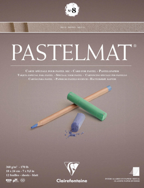 Voorkant van het Pastelmat No 8 Pastel Papier verlijmd Bruin met fluweelachtige structuur van Clairefontaine, 18 x 24 cm  96013