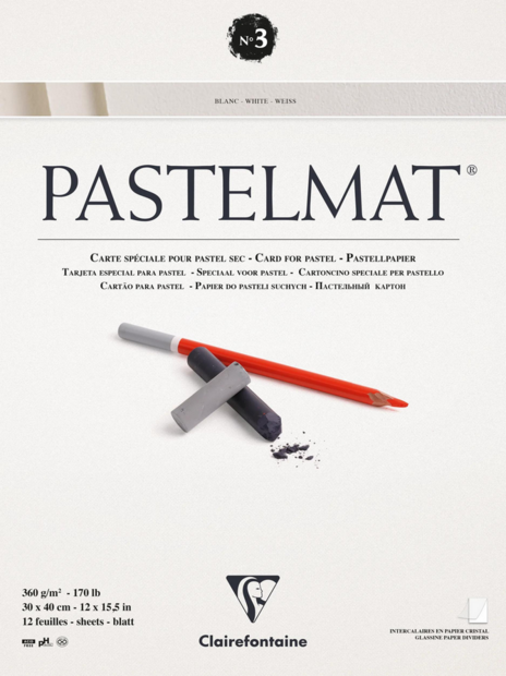 Voorkant van het Pastelmat No 3 Pastel Papier verlijmd Wit met een fijne structuur van Clairefontaine, 30 x 40 cm 96029C 332968