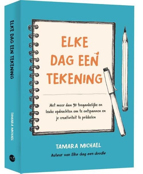 Omslag van het boek Elke dag een tekening door Tamara Michael, turquoise met een illustratie van een schetsboek, potlood en pen