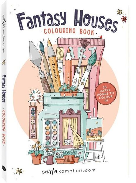 Omslag van het kleurboek Fantasy Houses door Carla Kamphuis. Een vrolijke illustratie van een glazen pot vol teken- en schilder