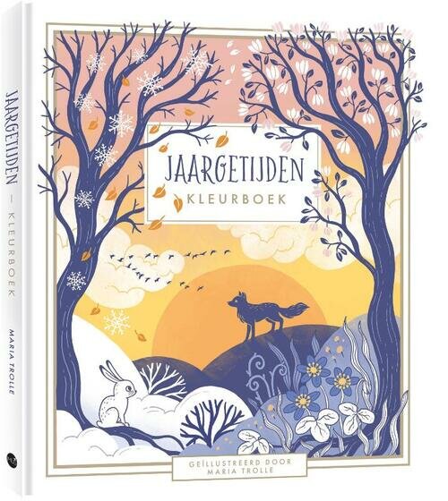 Omslag van het Jaargetijden kleurboek door Maria Trolle, met een prachtige, dromerige illustratie van bomen in vier seizoenen, 