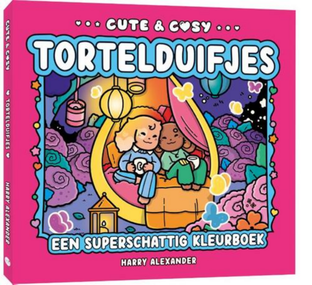 Omslag van het kleurboek Tortelduifjes uit de Cute &amp; Cosy serie, met een roze achtergrond en een schattige illustratie van 