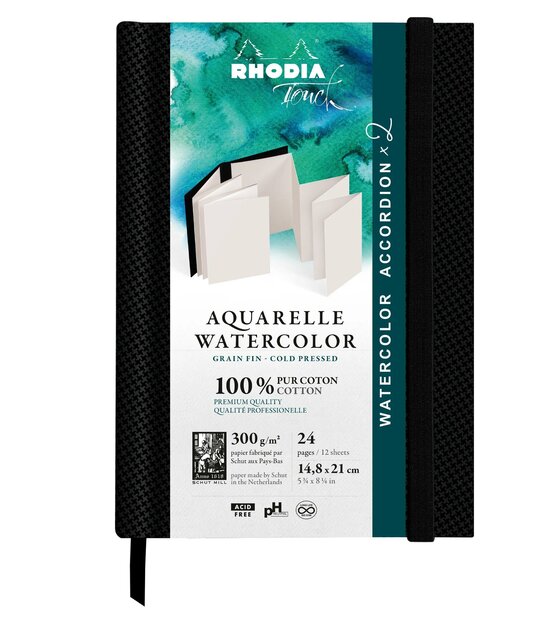 Retail-verpakking voor het A5 Rhodia Touch Aquarel Accordeon Schetsboek. De zwarte getextureerde kaft toont een illustratie van