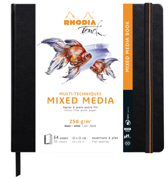 Gesloten vierkant 21x21 cm Rhodia Touch Mixed Media hardcover schetsboek bekleed met zwart canvas.