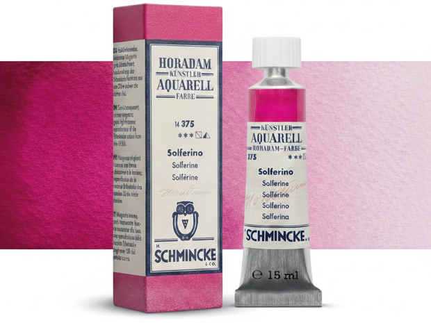 Uitgestreken kleurstaal van de transparante, rood-violette aquarelverf 375 Solferine (Schmincke Horadam Limited Editie).