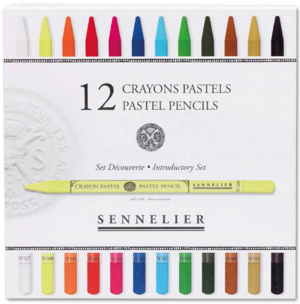 Voorkant van de verpakking Sennelier Pastel Pencils Set D&eacute;couverte met 12 hele pastelstiften. N132340.01 3046451993574