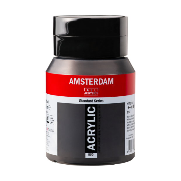 Een vrijstaande, frontale studiofoto van de Amsterdam Standard Series 500ml verfpot met de kleur Metallic Zwart (850). De pot h