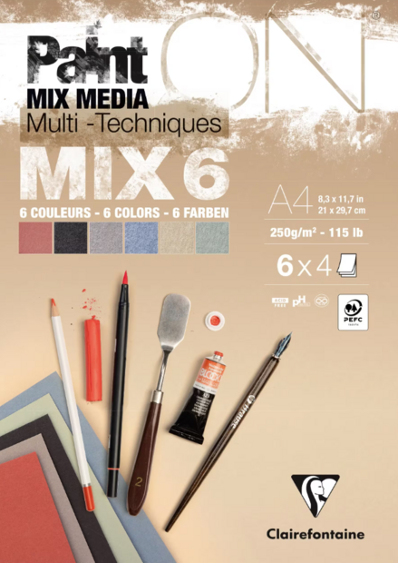 De zandkleurige omslag van het A4 Clairefontaine Paint'ON MIX6 blok. Op de kaft staan zes kleine kleurvlakken die de