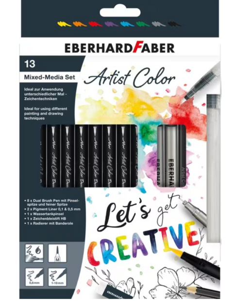 Voorkant van de kartonnen verpakking van de 13-delige Eberhard Faber Artist Color Mixed-Media Set. Toont een uitsnede met de pe