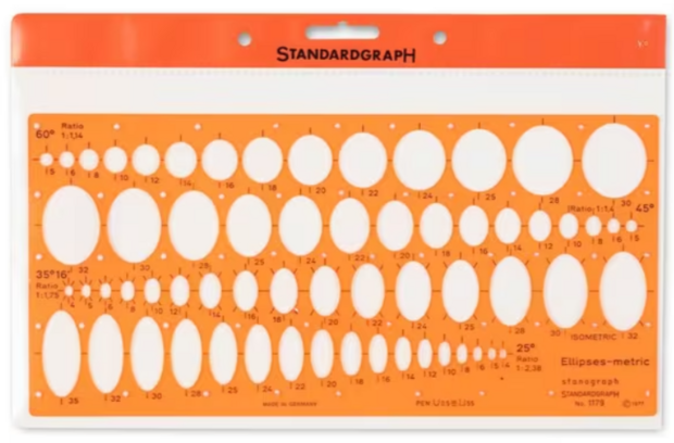 Het Standardgraph ellips sjabloon verpakt in een doorzichtige kunststof beschermhoes met een oranje ophangoog (header card). Op