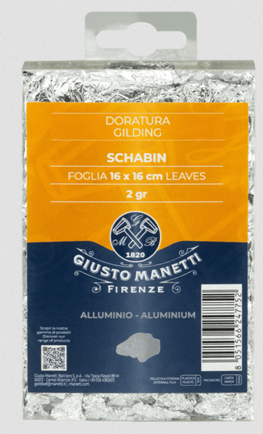 Een transparante Giusto Manetti blisterverpakking gevuld met 2 gram glanzende imitatie bladaluminium vlokken (Schabin). Door he
