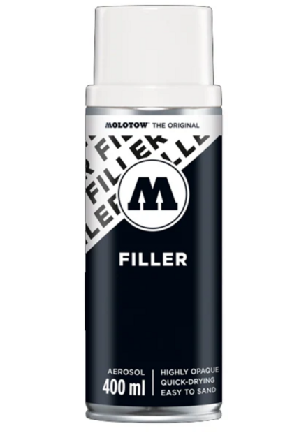 Voorkant van de zwarte Molotow Urban Fine-Art Filler spuitbus (400ml) met witte dop.