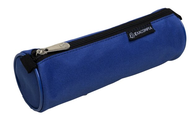 Blauwe, cilindervormige etui van fijn geweven stof. Aan de bovenkant loopt een zwarte rits met een zilverkleurig metalen lipje.