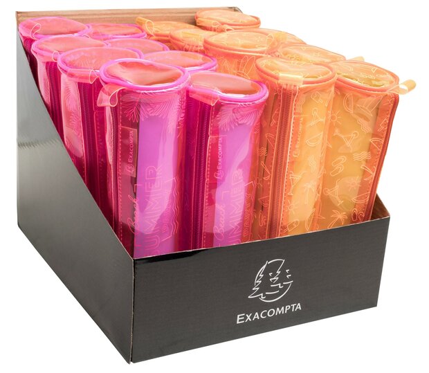 Transparante, fel oranje cilindervormige etui van PVC, versierd met witte tropische patroontjes zoals cocktailglazen en zonnebr