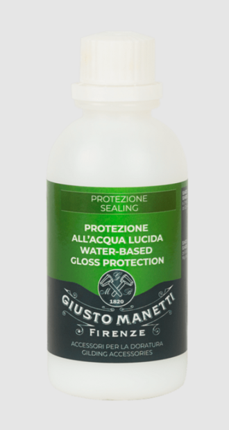 Een witte kunststof fles (125 ml) Giusto Manetti slagmetaal beschermvernis op waterbasis met een witte, geribbelde draaidop. He