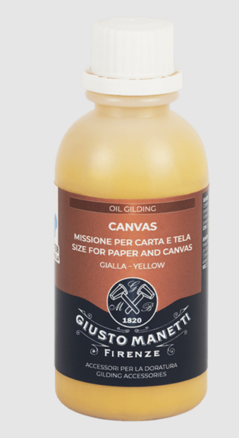 Een transparante kunststof fles (125 ml) Giusto Manetti 'Canvas' verguldlijm, gevuld met een gele vloeistof en afgesl