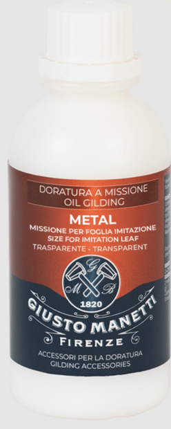 Een witte kunststof fles (125 ml) Giusto Manetti 'Metal' slagmetaal verguldlijm met een witte, geribbelde draaidop. H