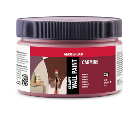 Brede, ronde pot... kleurnaam 'Carmine 318'. Rechtsonder staan een halfzwart vierkantje (because semi-opaque) en 