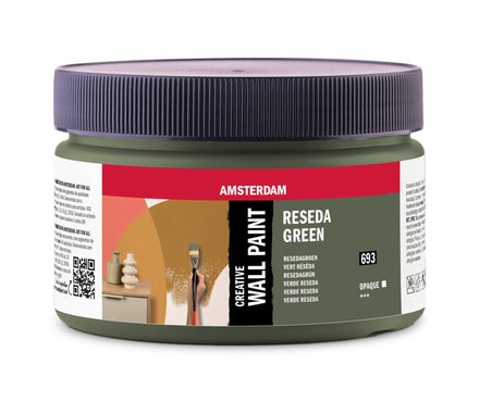 Brede, ronde pot met een donkergrijze, geribbelde schroefdop. Het etiket heeft een rode bovenrand met het witte Amsterdam logo.