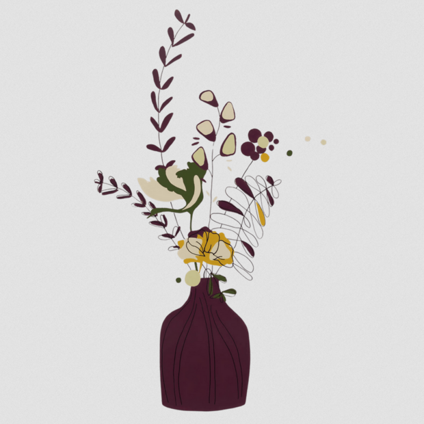 Vierkante afbeelding van het Floral Harmony muurschildering ontwerp. Een gestileerde, artistieke donkere vaas met een speels bo