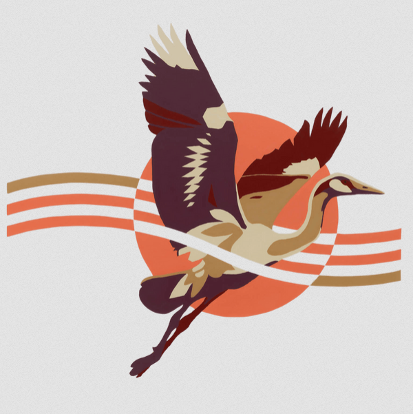 Vierkante afbeelding van het Crane Rise muurschildering ontwerp. Een gestileerde vliegende kraanvogel met een zon op de achterg