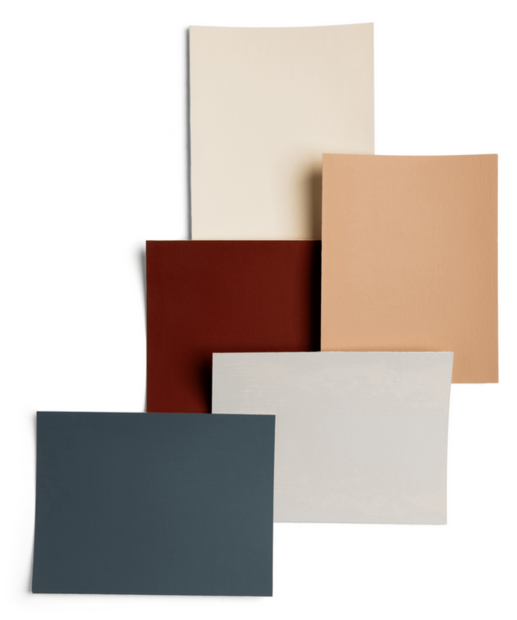 Vijf overlappende kleurswatches van de Natural Neutrals muurverf set: Titanium Buff Light (289), Titanium Buff Deep (290), Burn