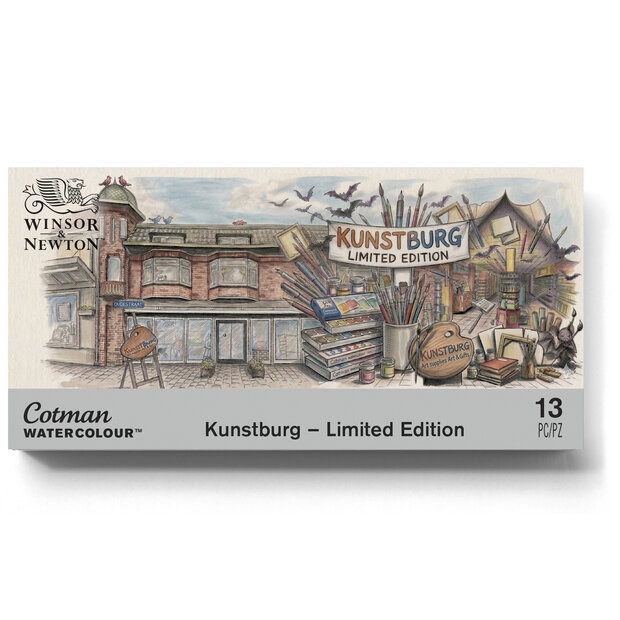 De voorkant van de verpakking van de Kunstburg Limited Edition aquarelset. Het artwork toont een gedetailleerde, getekende illu