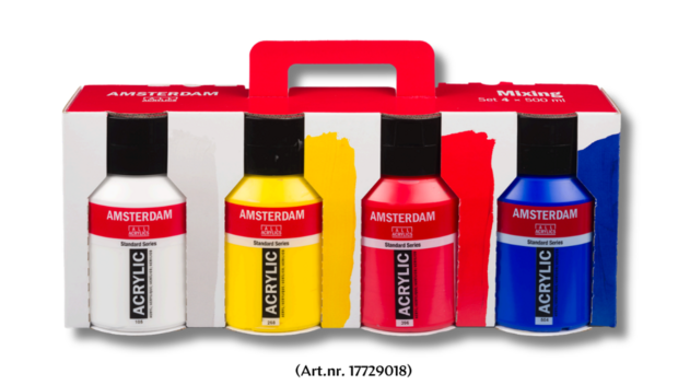 Een kartonnen draagverpakking met rood handvat van de Amsterdam Standard Series Acrylverf Mixing Set 4 x 500 ml. In de uitspari
