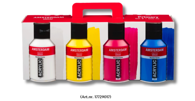 Een kartonnen draagverpakking met rood handvat van de Amsterdam Standard Series Acrylverf Primaire Set 4 x 500 ml. In de uitspa