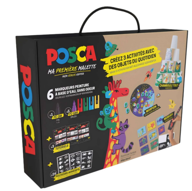 Een zwarte kartonnen POSCA opbergkoffer met handvat, voorzien van de tekst 'Ma Premi&egrave;re Mallette / Mijn eerste koffer&amp;#03