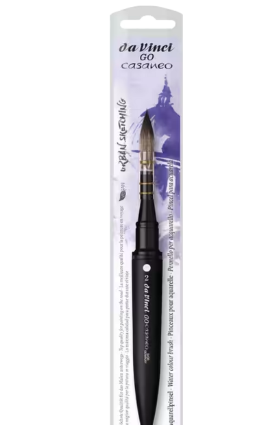 Een langwerpige blisterverpakking van het da Vinci GO CASANEO ronde waspenseel, de nr 2. Op de verpakking staat een aquarel-ach