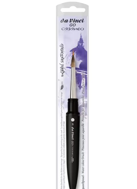 Een langwerpige blisterverpakking van het da Vinci GO CASANEO liner aquarelpenseel, de nr 8. Op de verpakking staat een aquarel