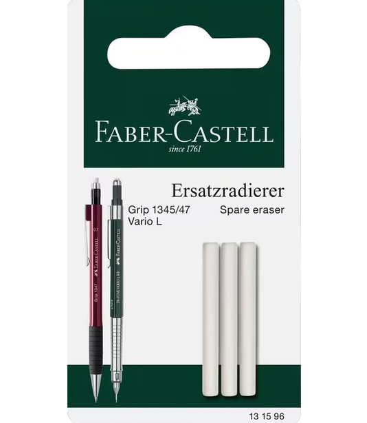 Witte blisterverpakking van Faber-Castell met 3 langwerpige witte reservegummetjes. Op de verpakking staan afbeeldingen van de 