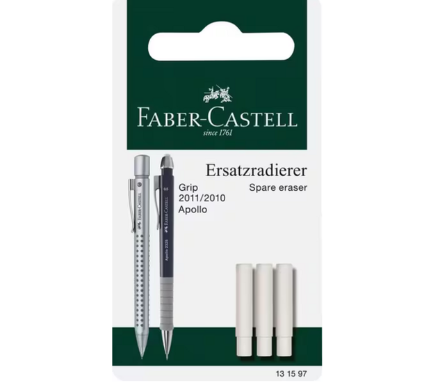 Een blisterverpakking van Faber-Castell met drie extra lange, witte reservegummen, speciaal gemaakt voor de Grip 2010, Grip 201