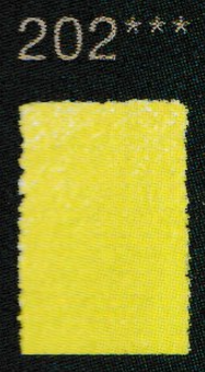 Kleurstaal van het Faber-Castell Polychromos potlood Acrylids Geel, kleurnummer 202. De afdruk toont drie sterren (***), wat st