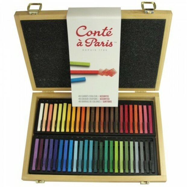Set van 48 stuks Carr&eacute; krijt in houten kist. Cont&eacute; &agrave;&nbsp;Paris Assortiment kleuren